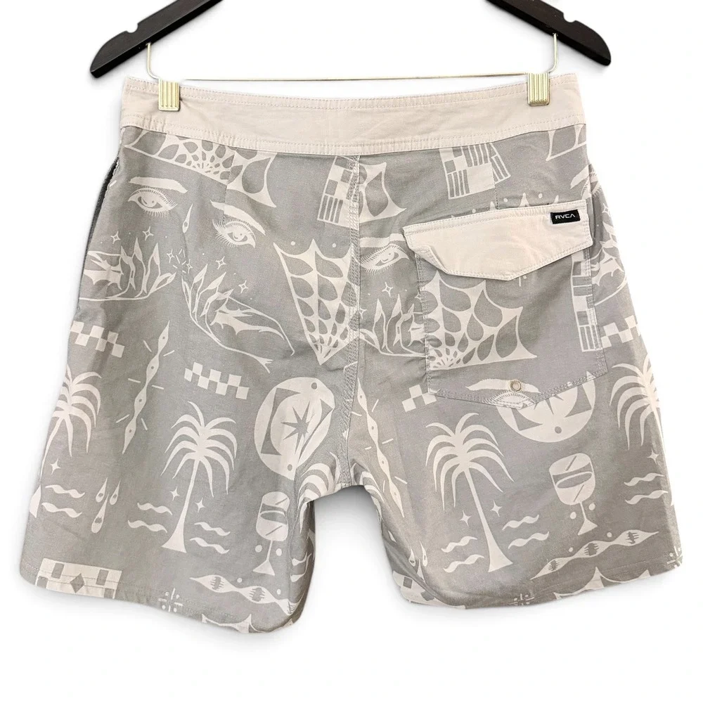 RVCA Mens Size 30 Board Shorts Grey White Nature Graphic Print M1033RVT